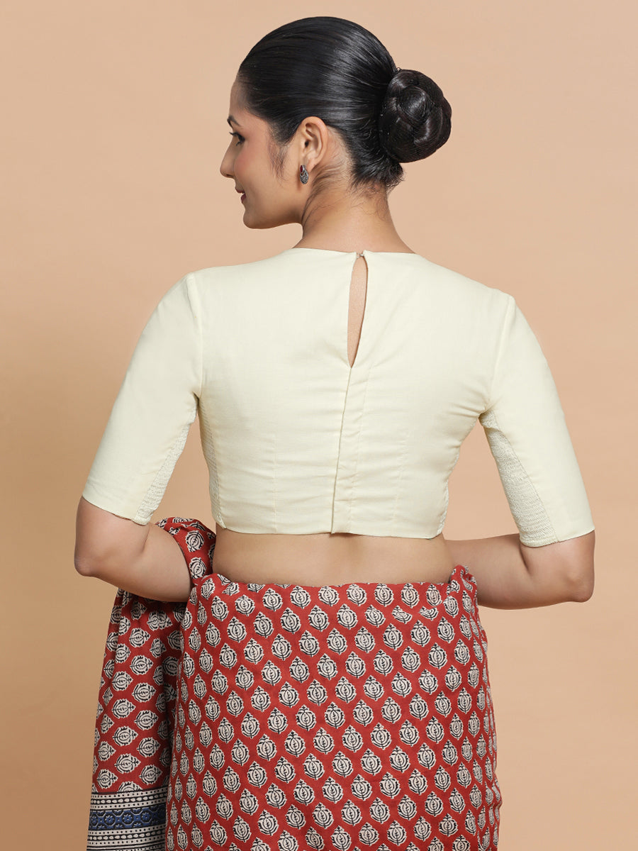Lara x Rozaana Saree Blouse, in White Linen, featuring elbow sleeves and jewel neckline, made for daily & work (view 2).