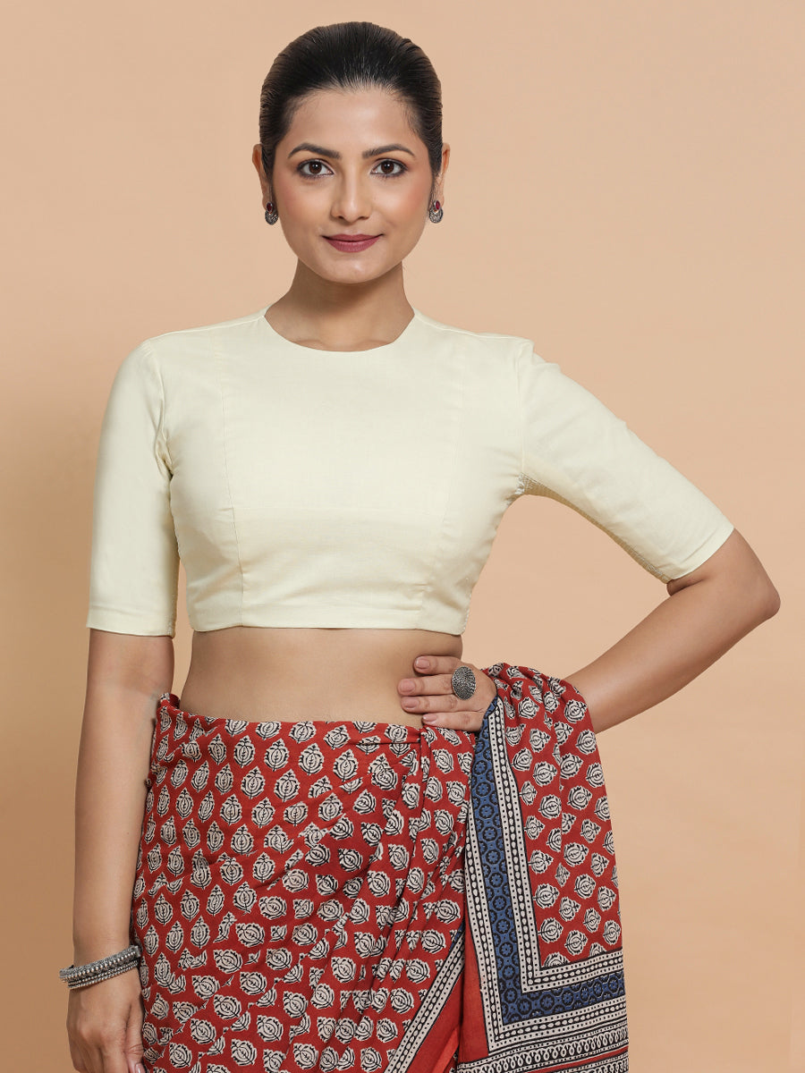 Lara x Rozaana Saree Blouse, in White Linen, featuring elbow sleeves and jewel neckline, made for daily & work (view 6).