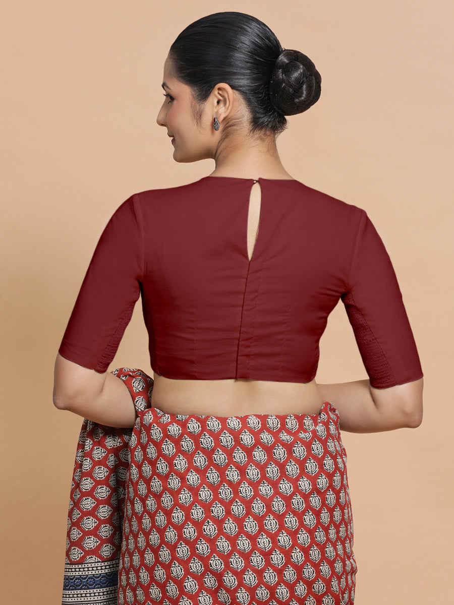 Lara x Rozaana Saree Blouse, in Red Linen, featuring elbow sleeves and jewel neckline, made for daily & work (view 2).