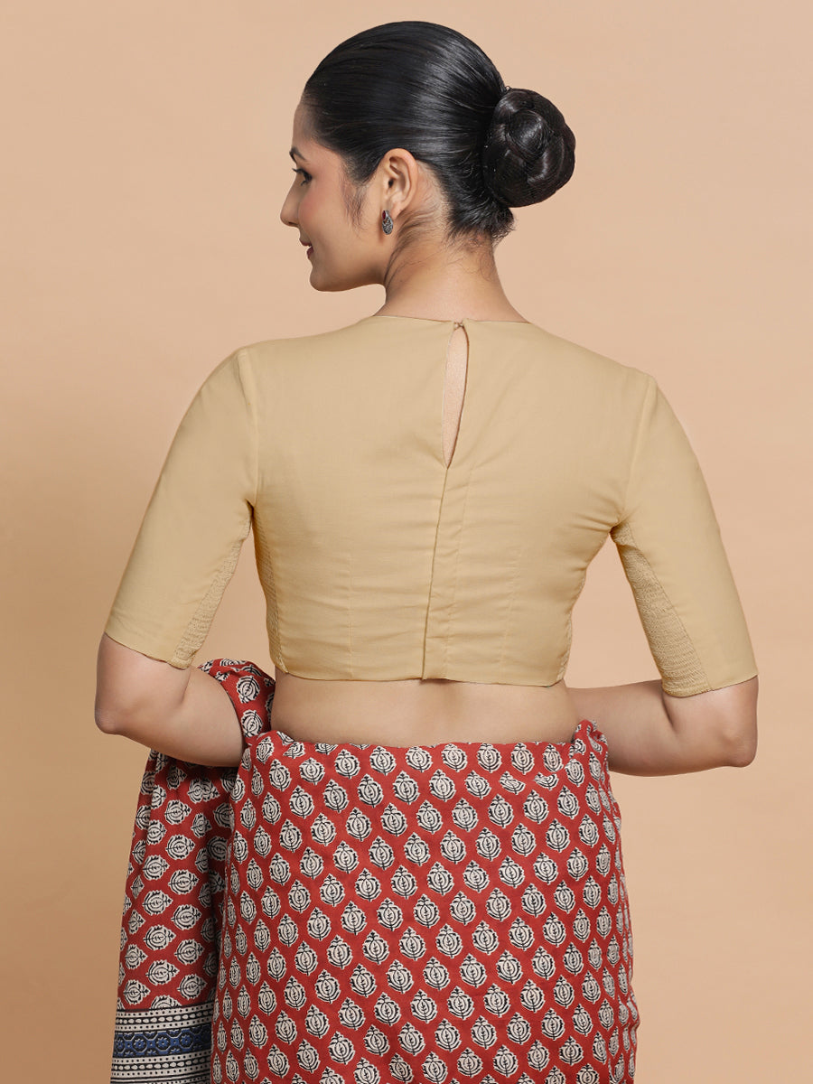 Lara x Rozaana Saree Blouse, in Beige Linen, featuring elbow sleeves and jewel neckline, made for daily & work (view 2).