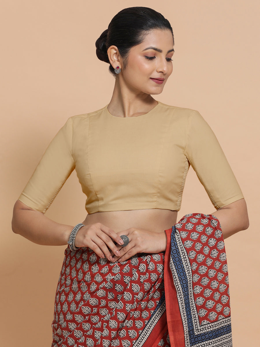 Lara x Rozaana Saree Blouse, in Beige Linen, featuring elbow sleeves and jewel neckline, made for daily & work (view 5).