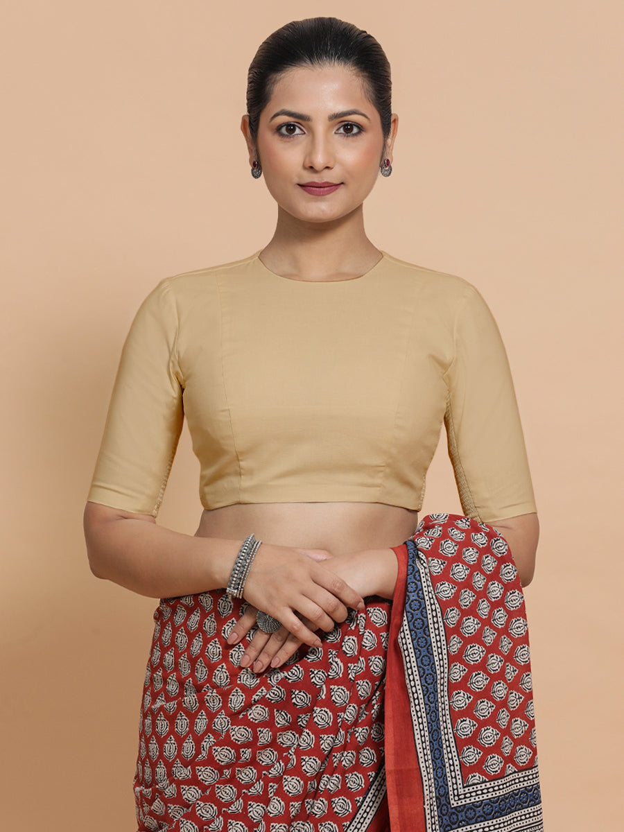 Lara x Rozaana Saree Blouse, in Beige Linen, featuring elbow sleeves and jewel neckline, made for daily & work (view 6).