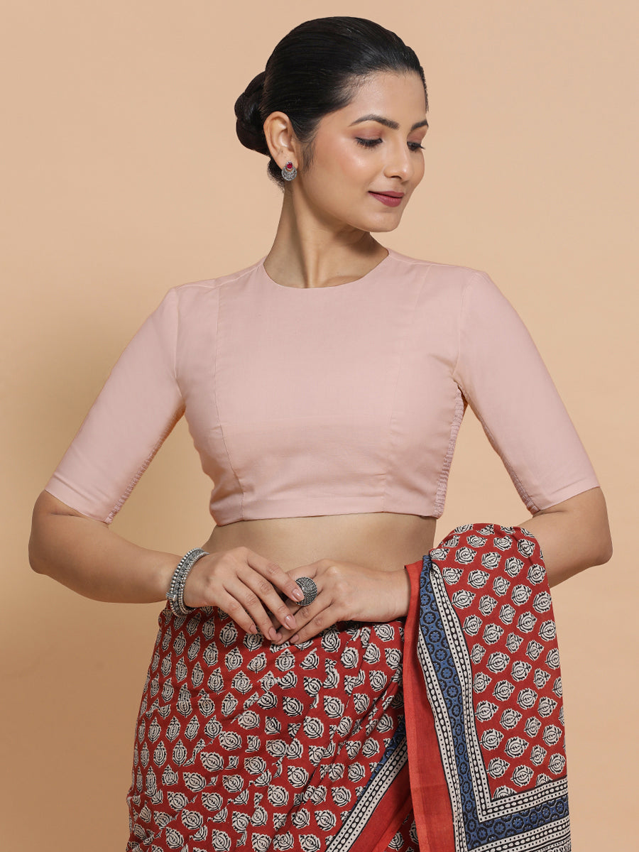 Lara x Rozaana Saree Blouse, in Pink Linen, featuring elbow sleeves and jewel neckline, made for daily & work (view 5).