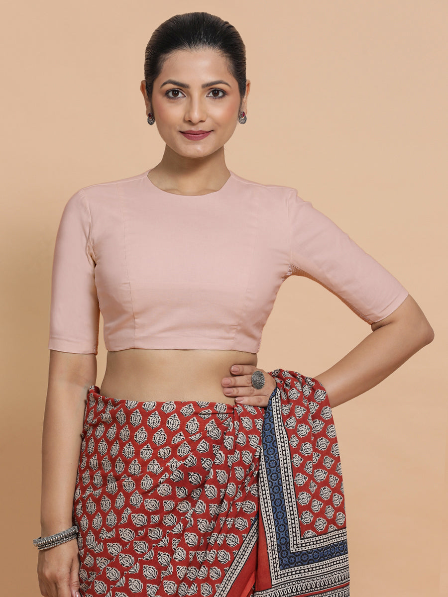 Lara x Rozaana Saree Blouse, in Pink Linen, featuring elbow sleeves and jewel neckline, made for daily & work (view 7).