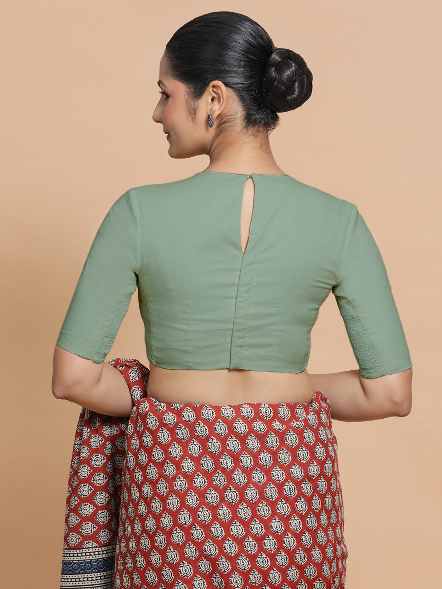 Lara x Rozaana Saree Blouse, in Green Linen, featuring elbow sleeves and jewel neckline, made for daily & work (view 2).