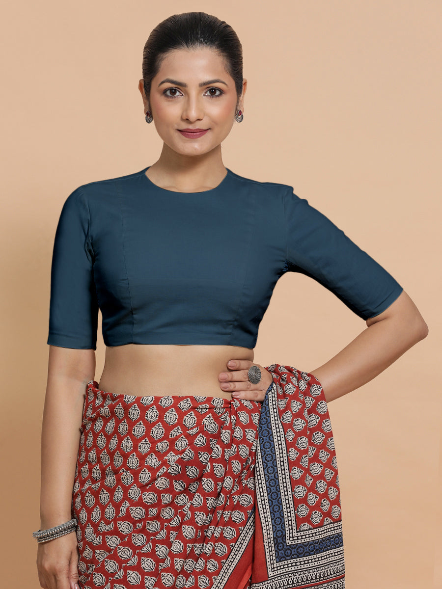Lara x Rozaana Saree Blouse, in Blue Linen, featuring elbow sleeves and jewel neckline, made for daily & work (view 5).