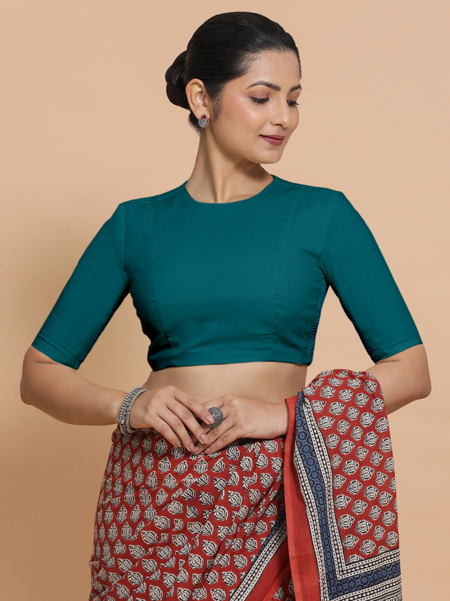 Lara x Rozaana Saree Blouse, in Blue Linen, featuring elbow sleeves and jewel neckline, made for daily & work (view 5).