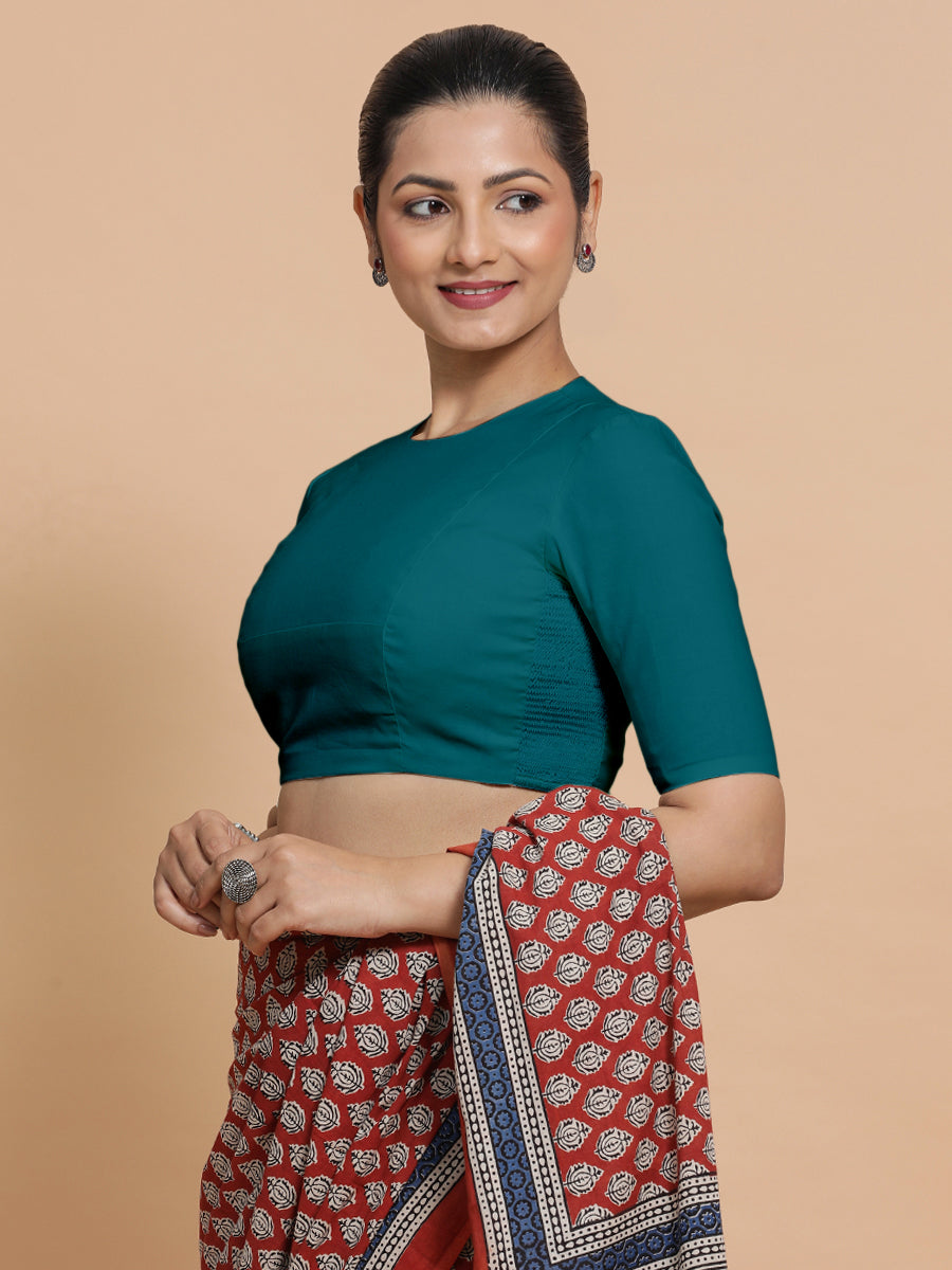 Lara x Rozaana Saree Blouse, in Blue Linen, featuring elbow sleeves and jewel neckline, made for daily & work (view 7).