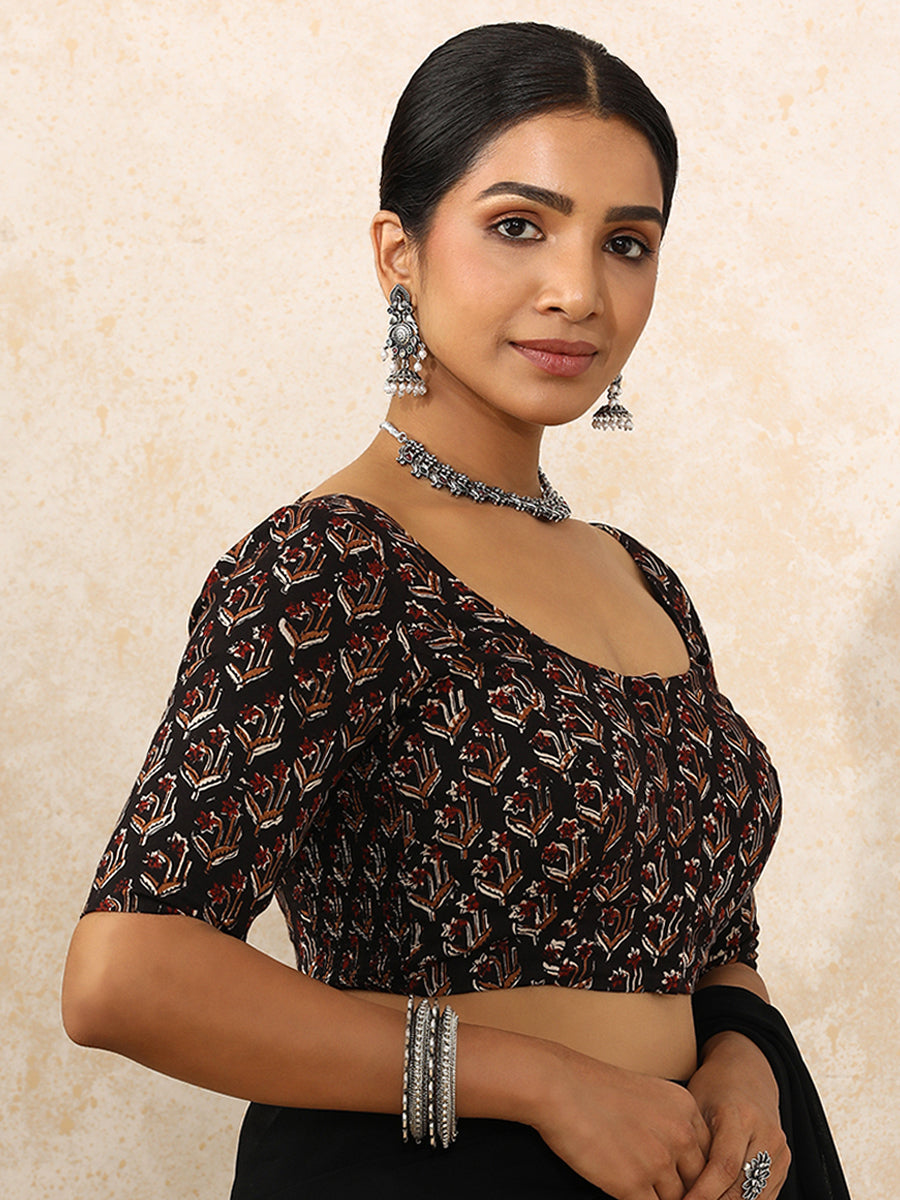 Lata x Rozaana | Elbow Sleeves Saree Blouse in Midnight Lily Block Print Cotton