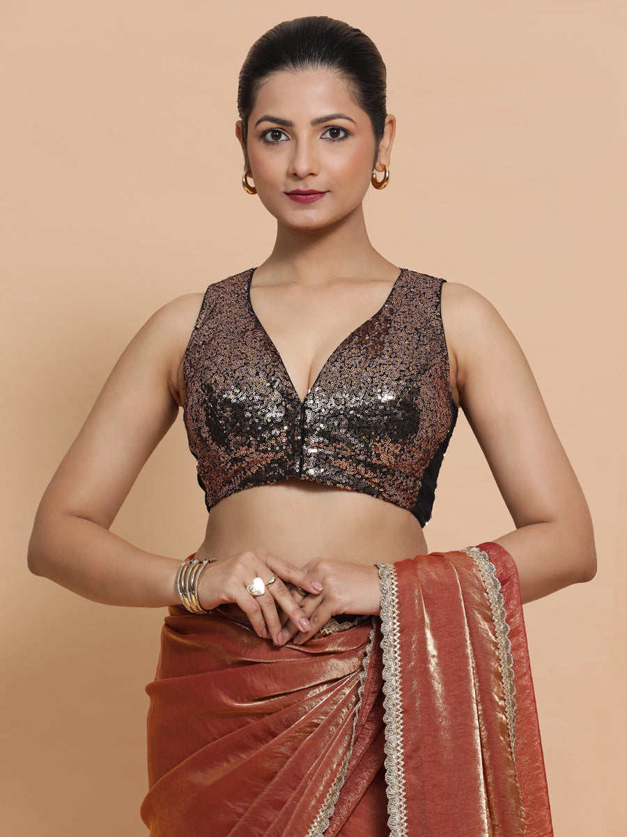 Lavanya x Tyohaar Saree Blouse, in Gold Sequin, featuring sleeveless, made for party & festive (view 5).