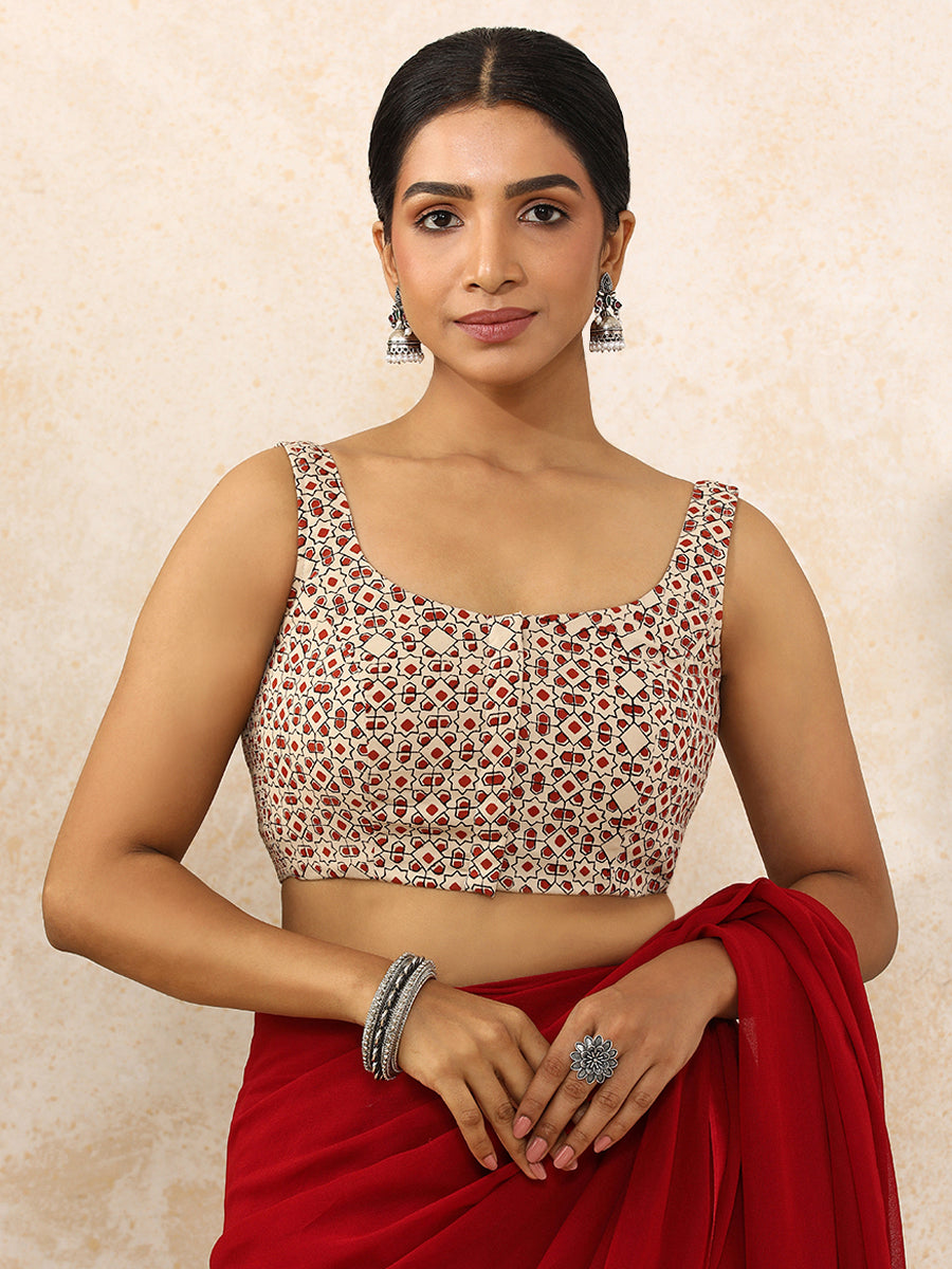 Lavina x Rozaana | Sleeveless Saree Blouse in Cream & Red Geometric Block Print Cotton