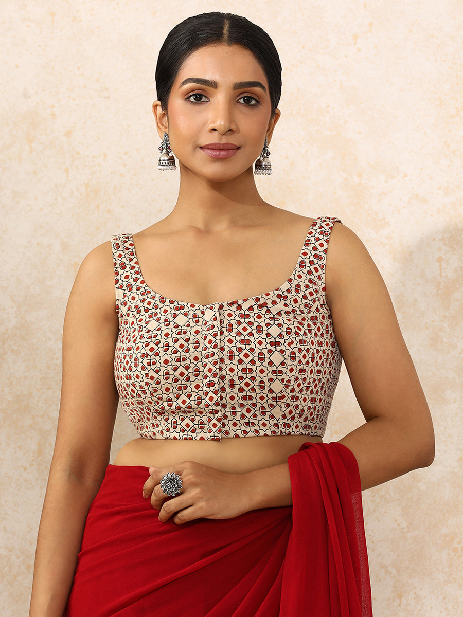 Lavina x Rozaana Saree Blouse, in Cream 100% Cotton - Block Printed, featuring sleeveless and round neckline (view 4).