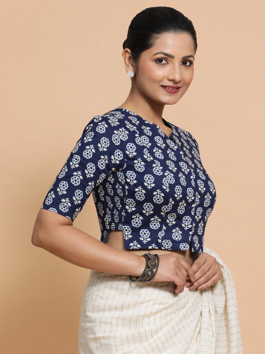 Lekha x Rozaana Saree Blouse, in Blue Cotton, featuring elbow sleeves and round neckline, made for daily & work (view 5).