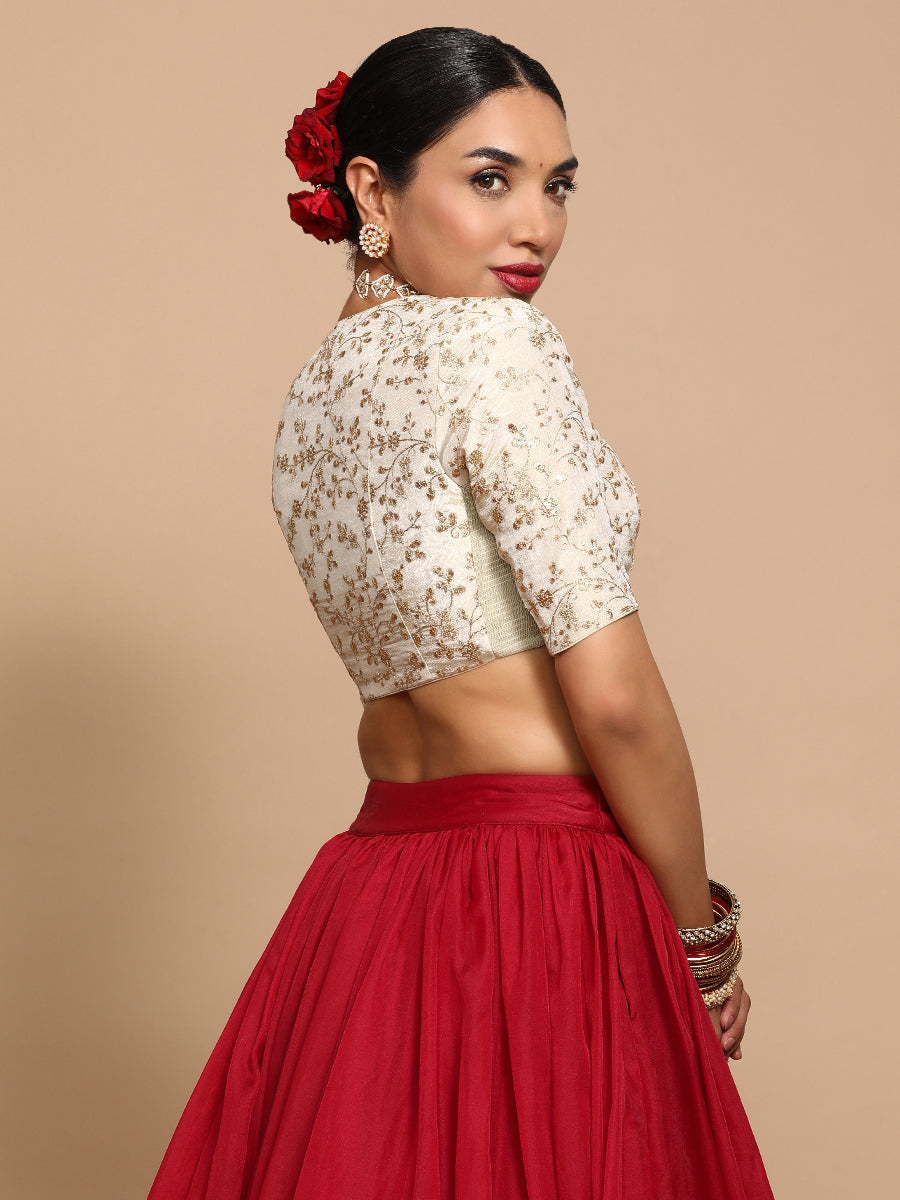 Lina x Tyohaar Saree Blouse, in Cream Embroidery & Brocade, featuring elbow sleeves and v-neckline, made for party & festive.