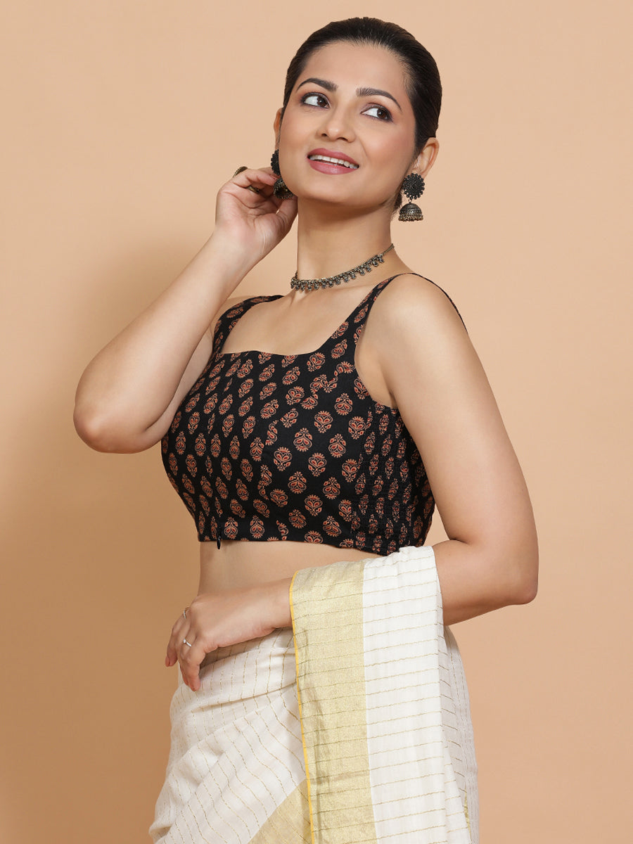 Lipi x Rozaana Saree Blouse, in Black Cotton, featuring sleeveless and square neckline, made for daily & work (view 6).