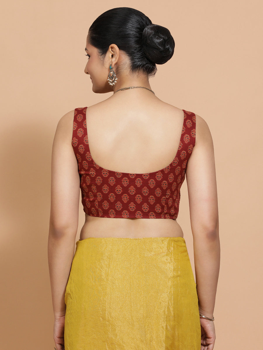 Lipi x Rozaana Saree Blouse, in Red Cotton, featuring sleeveless and square neckline, made for daily & work (view 2).
