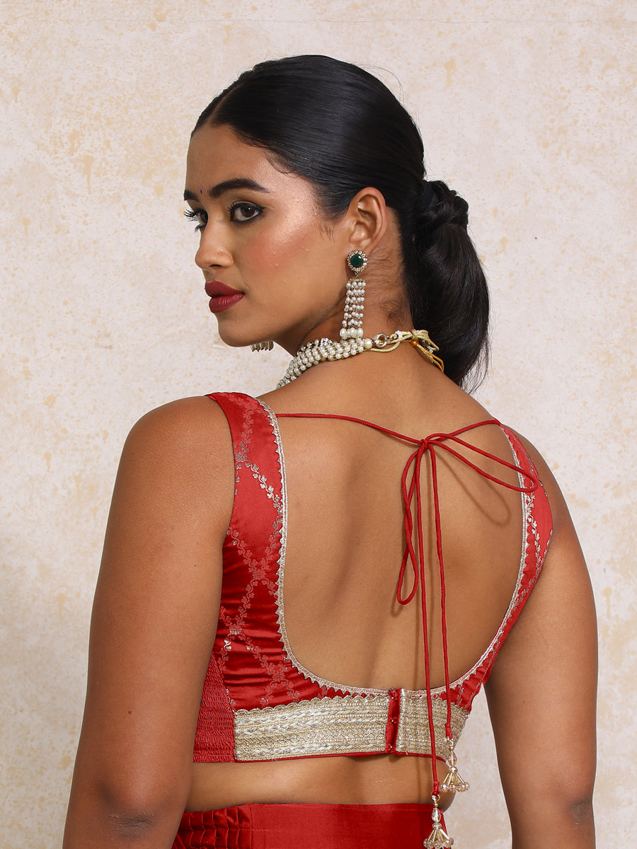 Liyana x Tyohaar Saree Blouse, in Red Viscose Silk Brocade, featuring sleeveless and curved v-neckline (view 2).