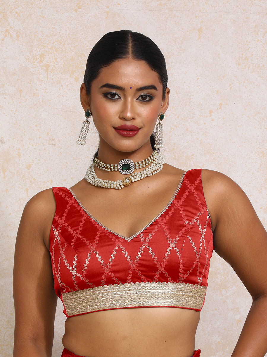 Liyana x Tyohaar Saree Blouse, in Red Viscose Silk Brocade, featuring sleeveless and curved v-neckline (view 4).