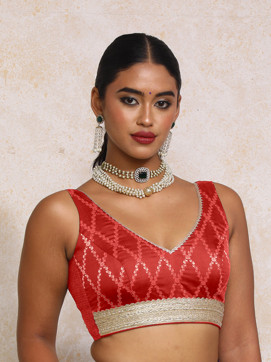 Liyana x Tyohaar Saree Blouse, in Red Viscose Silk Brocade, featuring sleeveless and curved v-neckline (view 5).