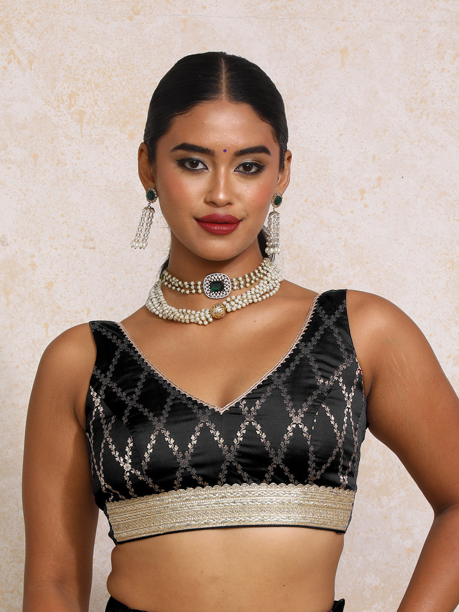 Liyana x Tyohaar Saree Blouse, in Black Viscose Silk Brocade, featuring sleeveless and curved v-neckline (view 4).