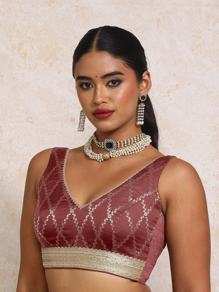 Liyana x Tyohaar Saree Blouse, in Maroon Viscose Silk Brocade, featuring sleeveless and curved v-neckline (view 5).