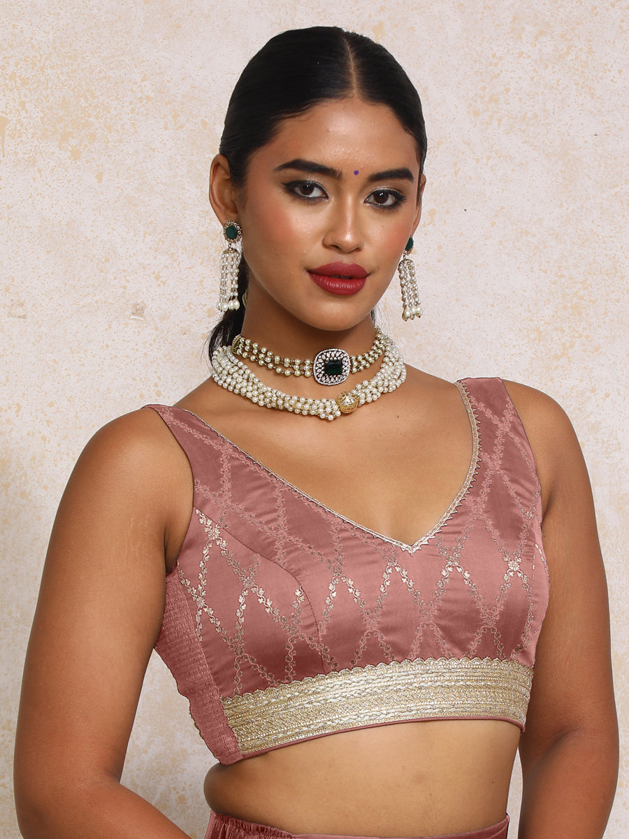Liyana x Tyohaar Saree Blouse, in Pink Viscose Silk Brocade, featuring sleeveless and curved v-neckline.