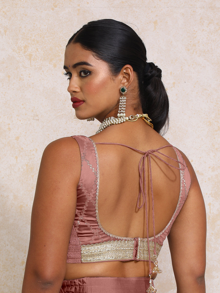 Liyana x Tyohaar Saree Blouse, in Pink Viscose Silk Brocade, featuring sleeveless and curved v-neckline (view 2).