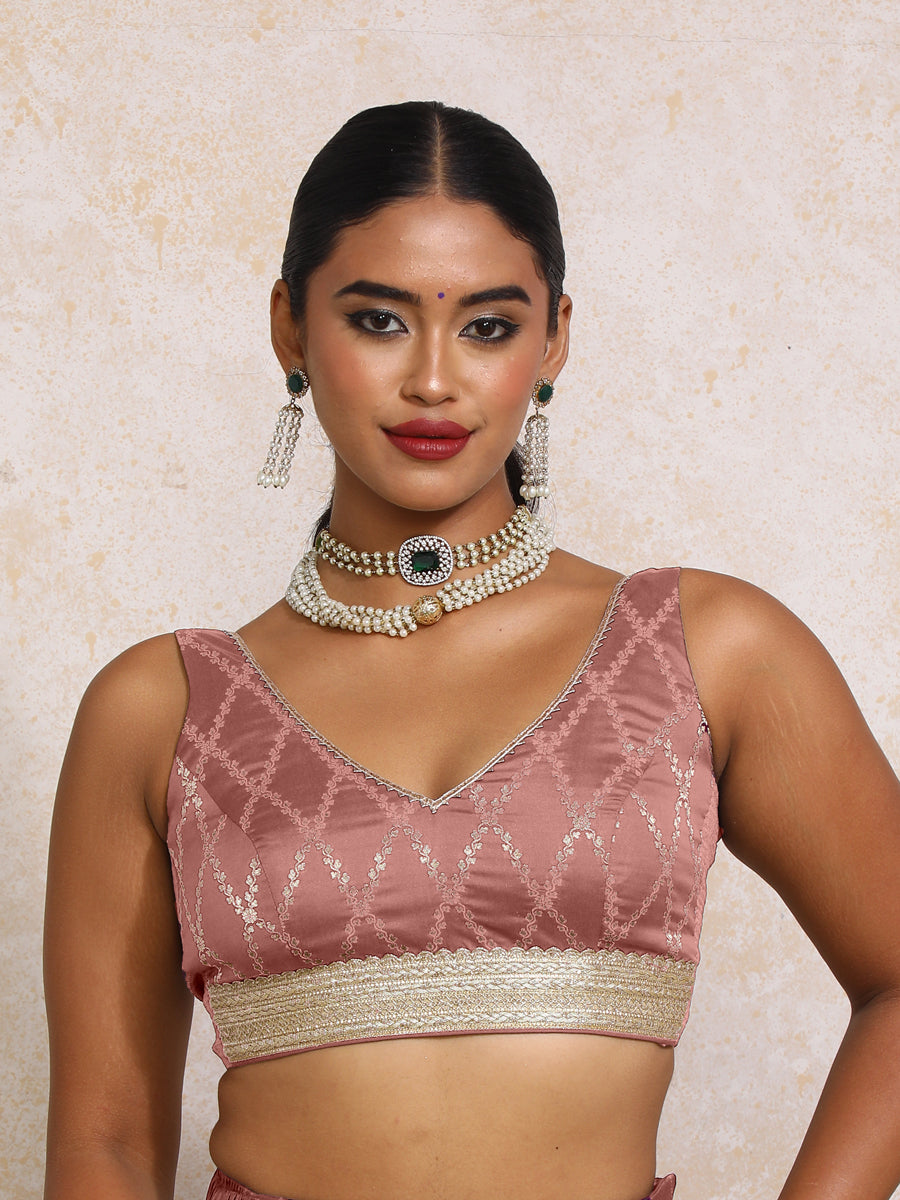 Liyana x Tyohaar Saree Blouse, in Pink Viscose Silk Brocade, featuring sleeveless and curved v-neckline (view 4).