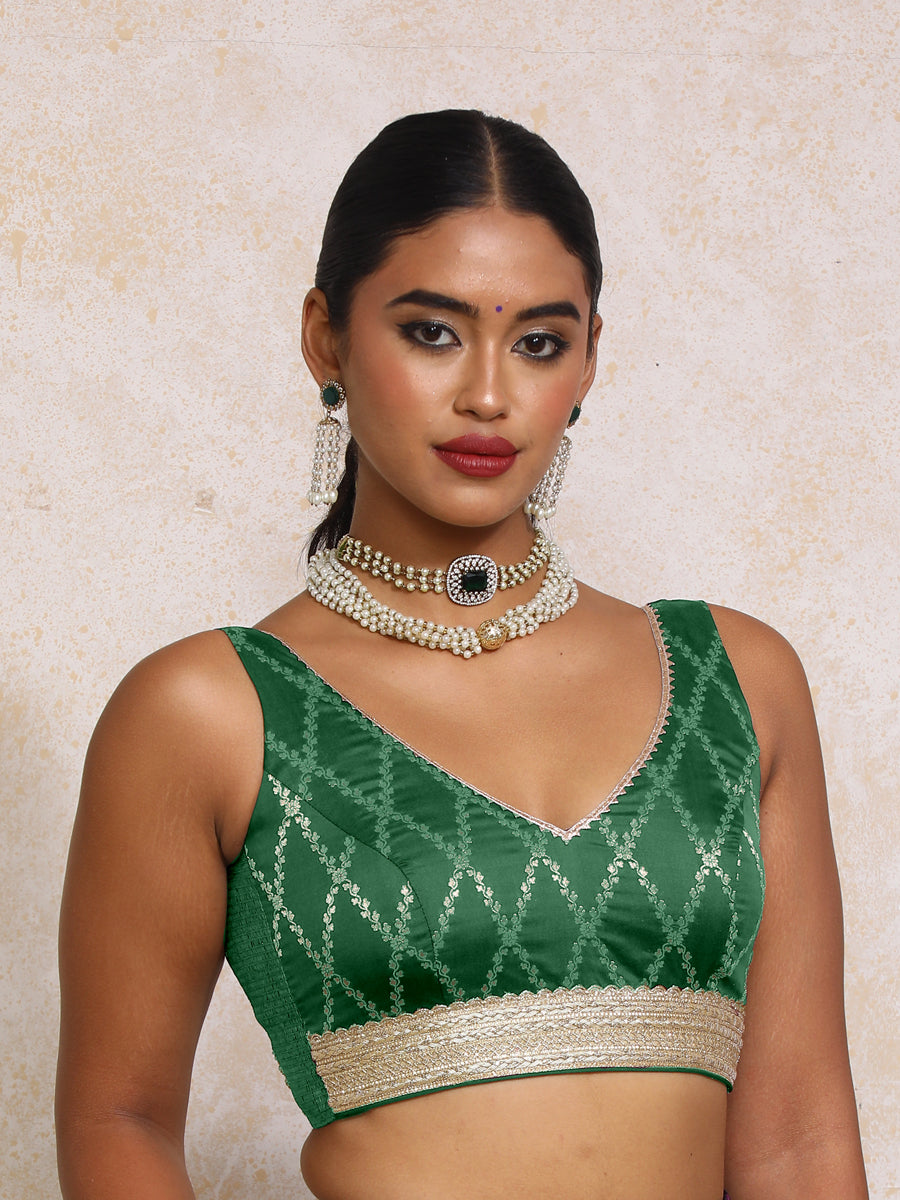 Liyana x Tyohaar Saree Blouse, in Green Viscose Silk Brocade, featuring sleeveless and curved v-neckline (view 5).