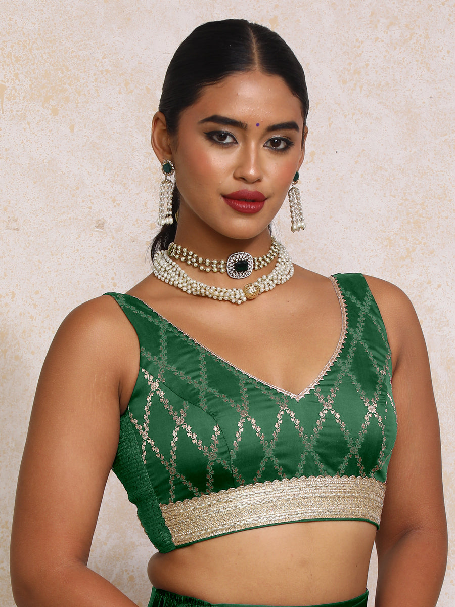 Liyana x Tyohaar Saree Blouse, in Green Viscose Silk Brocade, featuring sleeveless and curved v-neckline (view 6).