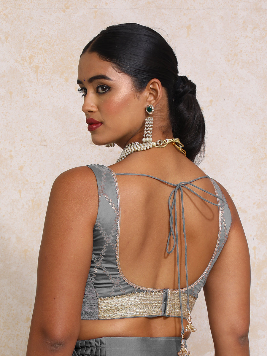 Liyana x Tyohaar Saree Blouse, in Grey Viscose Silk Brocade, featuring sleeveless and curved v-neckline (view 2).