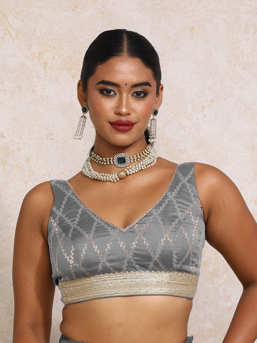 Liyana x Tyohaar Saree Blouse, in Grey Viscose Silk Brocade, featuring sleeveless and curved v-neckline (view 4).