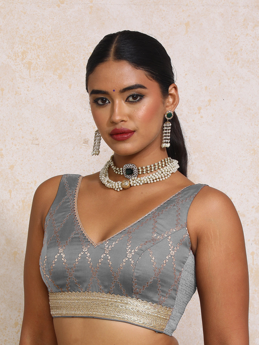 Liyana x Tyohaar Saree Blouse, in Grey Viscose Silk Brocade, featuring sleeveless and curved v-neckline (view 5).