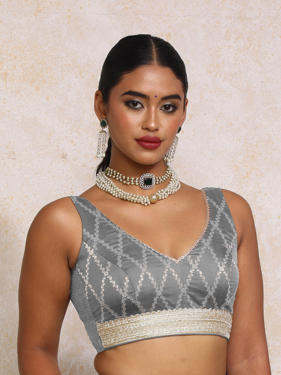 Liyana x Tyohaar Saree Blouse, in Grey Viscose Silk Brocade, featuring sleeveless and curved v-neckline (view 6).