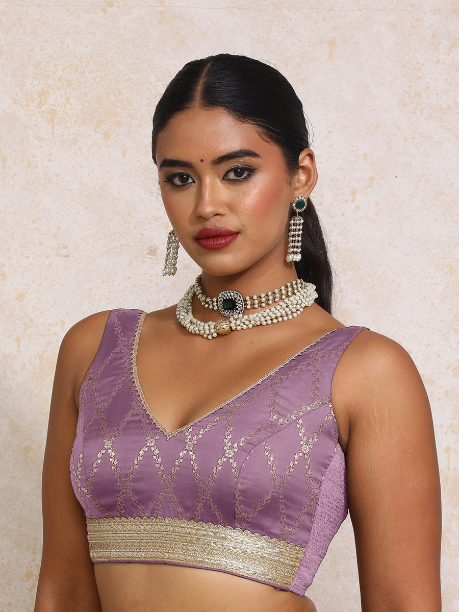 Liyana x Tyohaar Saree Blouse, in Purple Viscose Silk Brocade, featuring sleeveless and curved v-neckline (view 5).