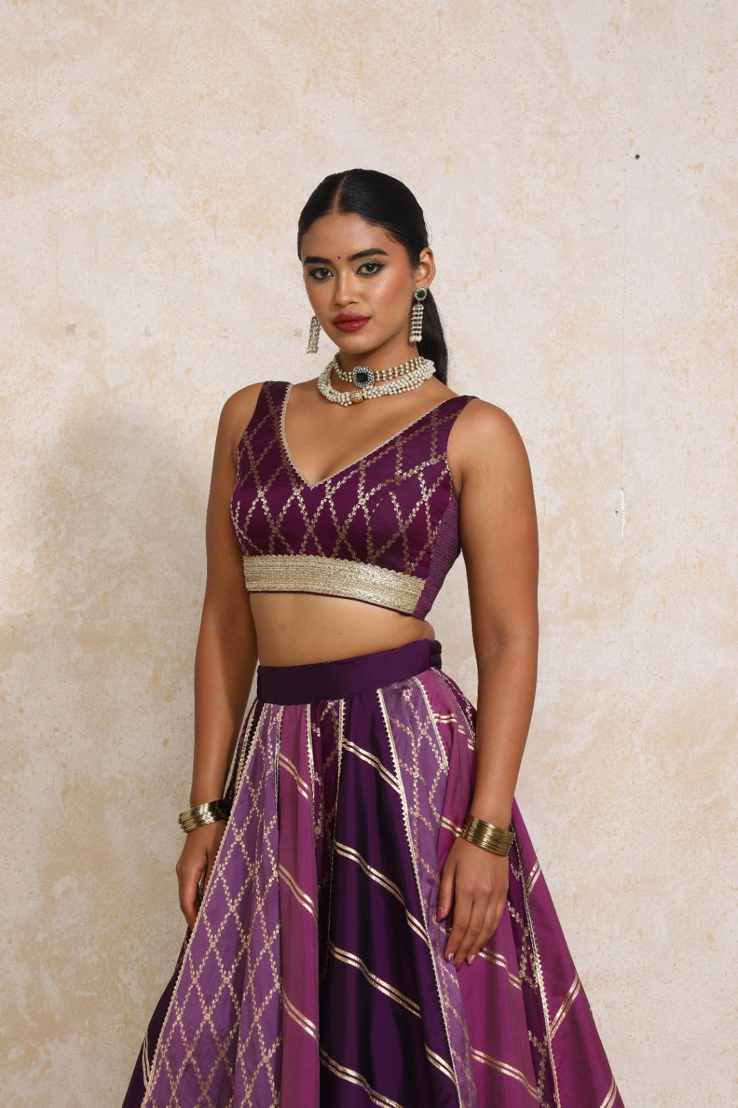 Liyana x Tyohaar Saree Blouse, in Purple Viscose Silk Brocade, featuring sleeveless and curved v-neckline (view 5).
