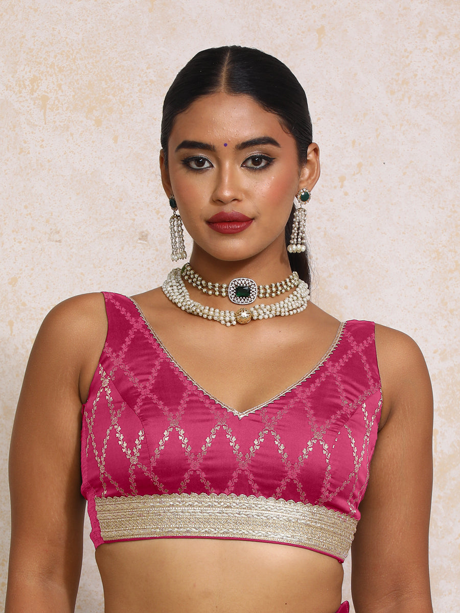 Liyana x Tyohaar Saree Blouse, in Pink Viscose Silk Brocade, featuring sleeveless and curved v-neckline.