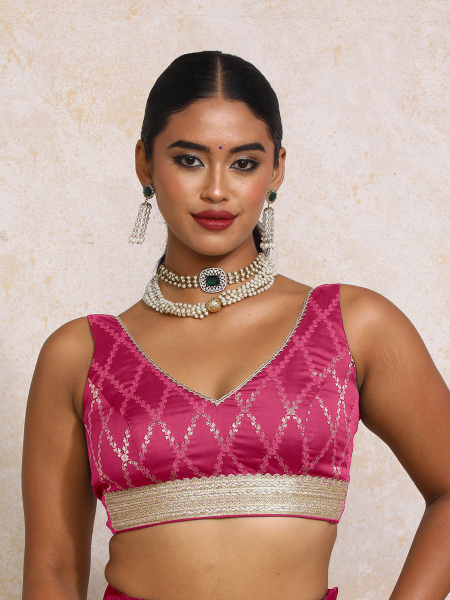 Liyana x Tyohaar Saree Blouse, in Pink Viscose Silk Brocade, featuring sleeveless and curved v-neckline (view 4).