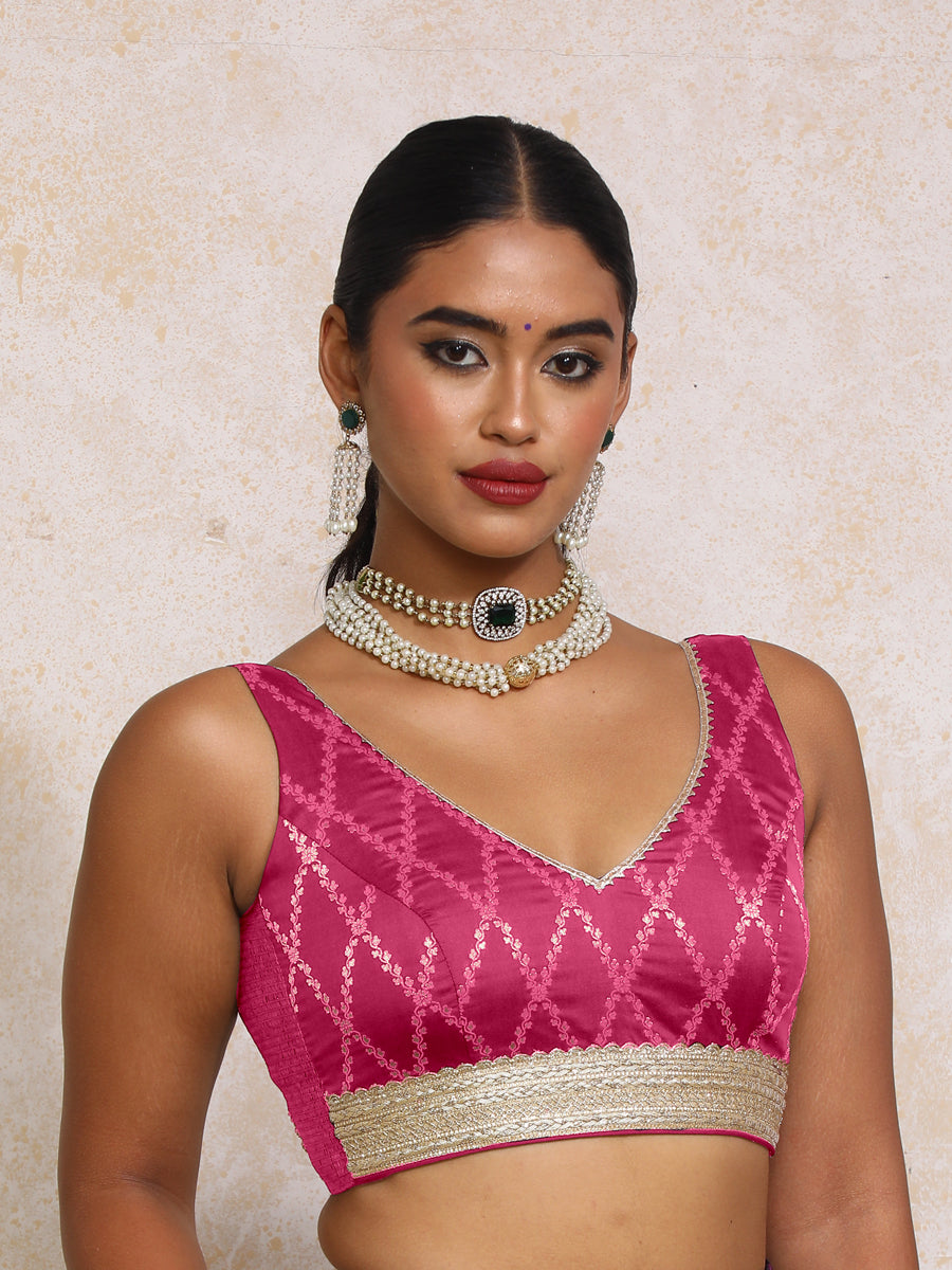Liyana x Tyohaar Saree Blouse, in Pink Viscose Silk Brocade, featuring sleeveless and curved v-neckline (view 6).