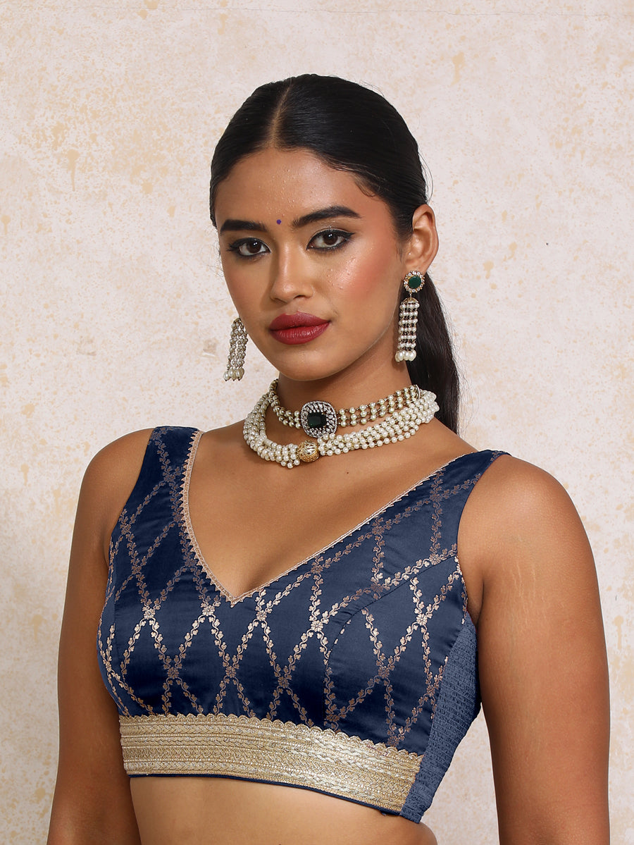 Liyana x Tyohaar Saree Blouse, in Blue Viscose Silk Brocade, featuring sleeveless and curved v-neckline (view 5).