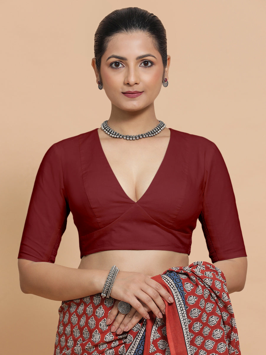Malika x Rozaana Saree Blouse, in Red Linen, featuring elbow sleeves and v-neckline, made for daily & work (view 6).