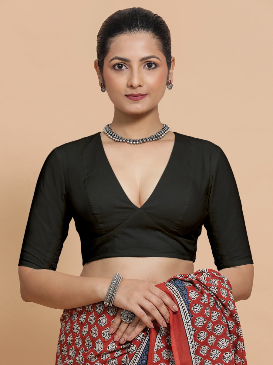 Malika x Rozaana Saree Blouse, in Black Linen, featuring elbow sleeves and v-neckline, made for daily & work (view 6).
