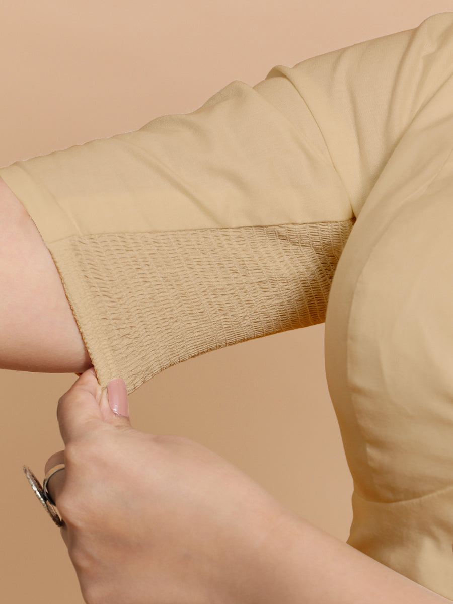 Malika x Rozaana Saree Blouse, in Beige Linen, featuring elbow sleeves and v-neckline, made for daily & work (view 4).