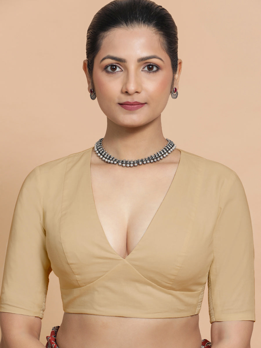 Malika x Rozaana Saree Blouse, in Beige Linen, featuring elbow sleeves and v-neckline, made for daily & work (view 7).