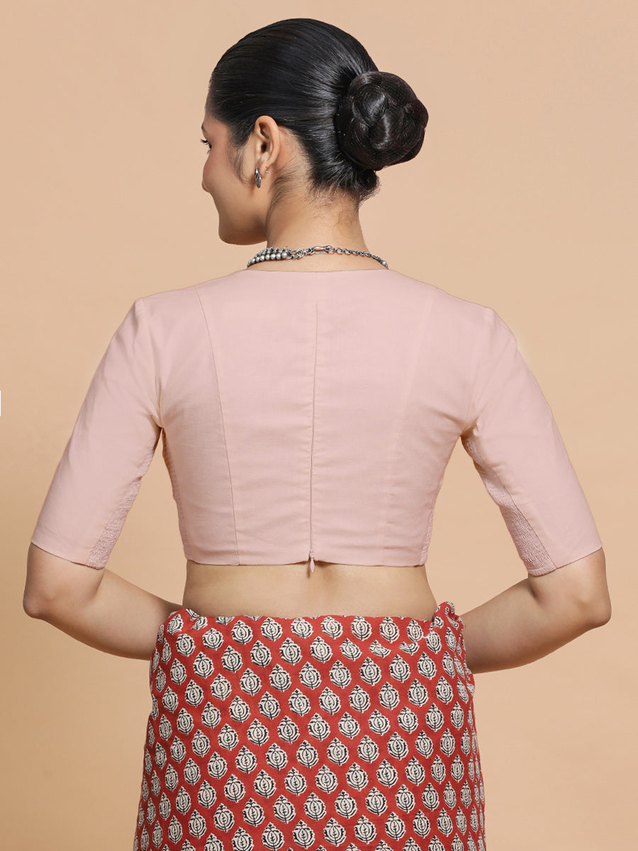 Malika x Rozaana Saree Blouse, in Pink Linen, featuring elbow sleeves and v-neckline, made for daily & work (view 2).