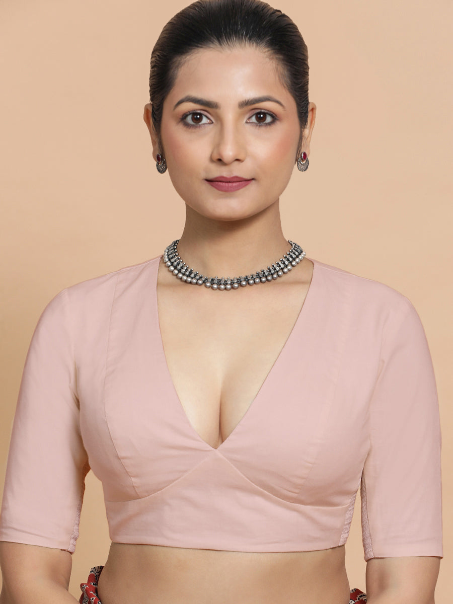 Malika x Rozaana Saree Blouse, in Pink Linen, featuring elbow sleeves and v-neckline, made for daily & work (view 7).
