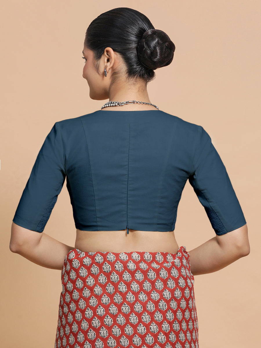Malika x Rozaana Saree Blouse, in Blue Linen, featuring elbow sleeves and v-neckline, made for daily & work (view 2).
