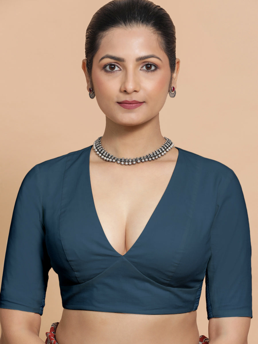 Malika x Rozaana Saree Blouse, in Blue Linen, featuring elbow sleeves and v-neckline, made for daily & work (view 5).