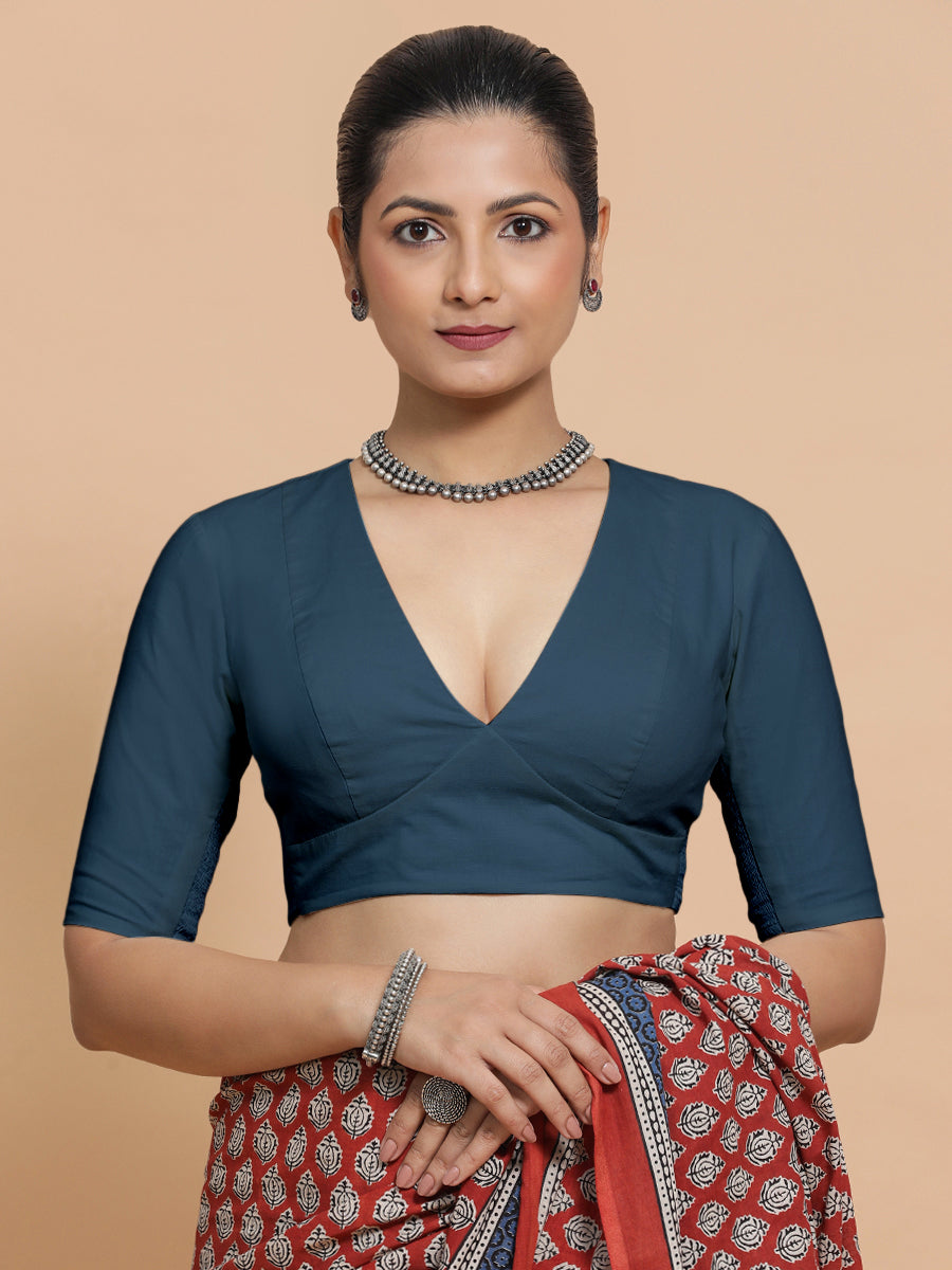 Malika x Rozaana Saree Blouse, in Blue Linen, featuring elbow sleeves and v-neckline, made for daily & work (view 6).