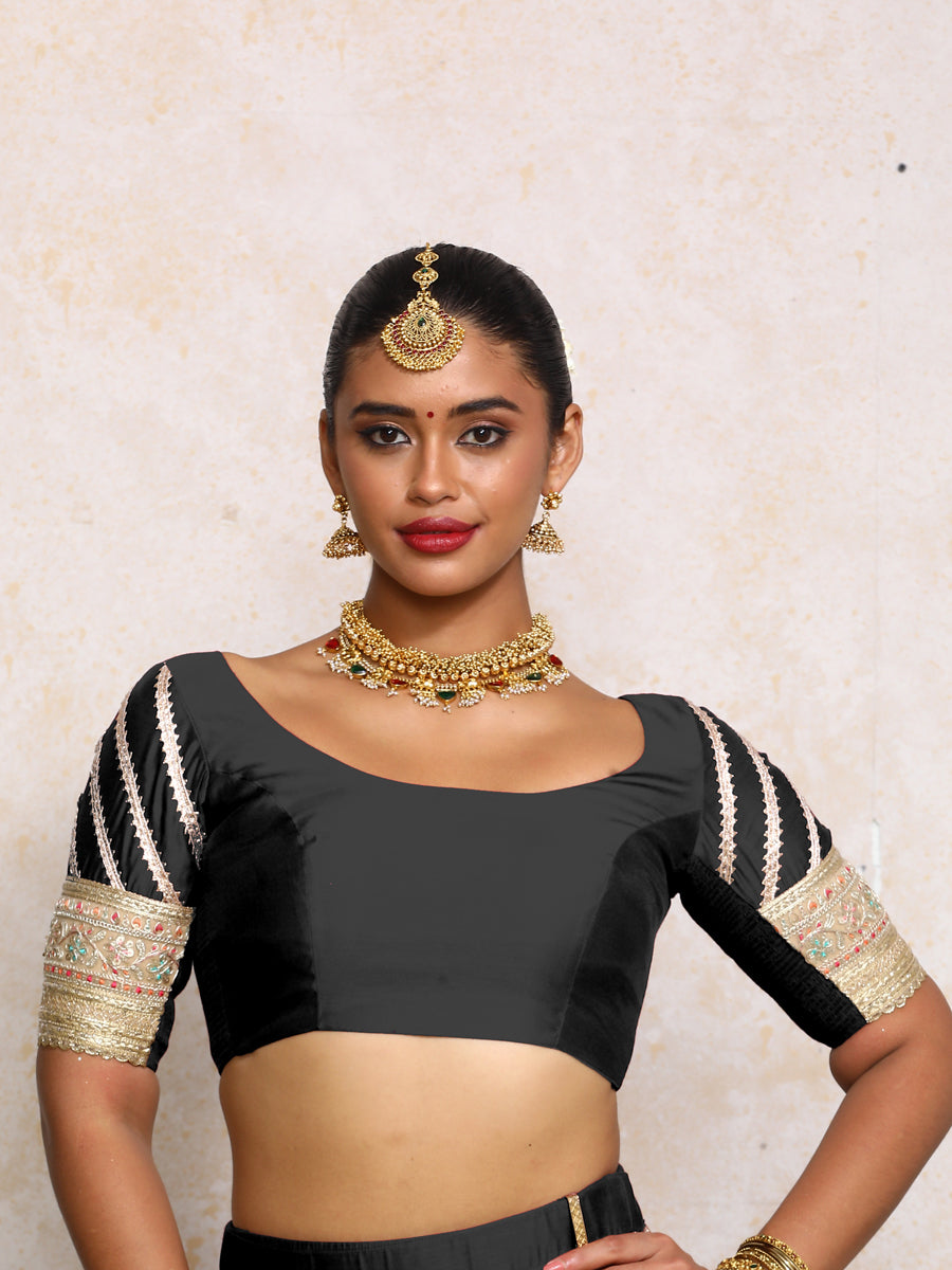 Manika x Tyohaar | Elbow Sleeves Black Plain Chandheri Saree Blouse